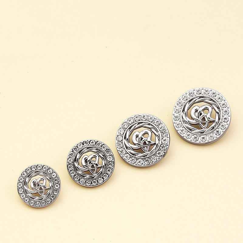 18-25mm rhinestone coat shank buttons, silver center with crystal-studded outer ring