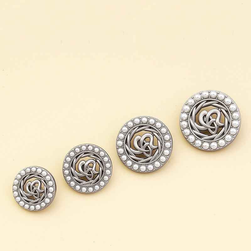 18-25mm pearl coat shank buttons, silver spiral center with white pearl border