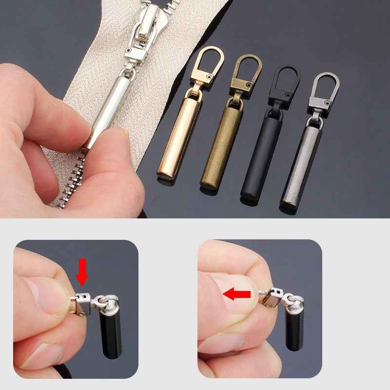 Detachable metal zipper pull set; slim 50x6mm with loop handles and latch steps shown