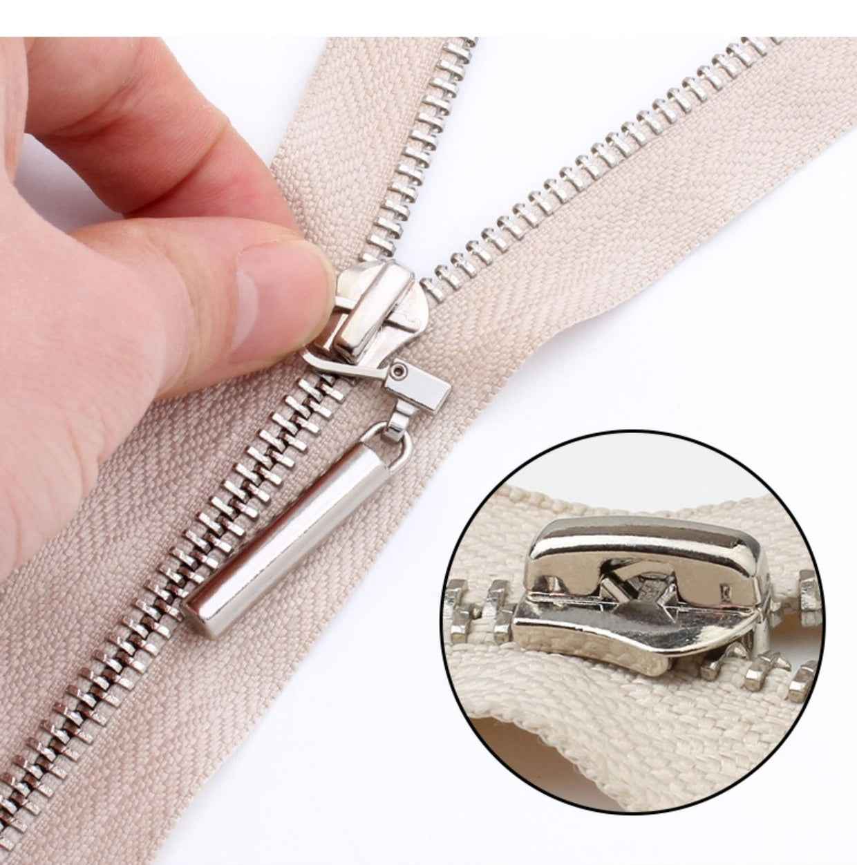 Metal zipper pull replacement clipped onto cream zipper tape, slim 50x6mm