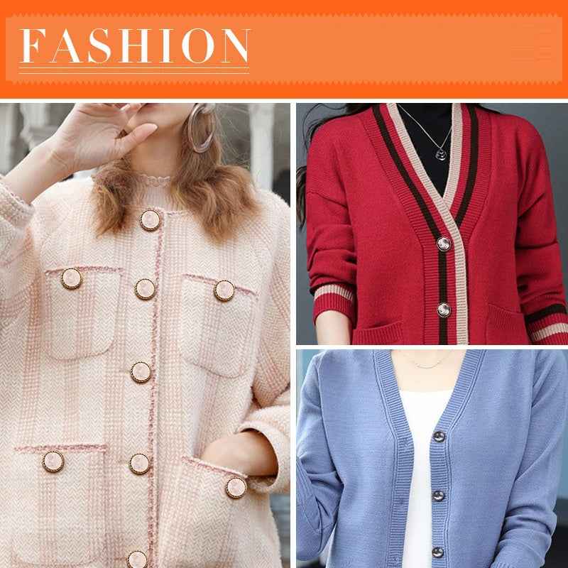 Resin metal buttons on knit cardigans: round gold-braided designs for jacket closure