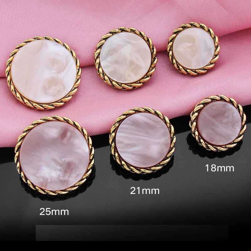 Round resin metal buttons 18pcs showing sizes 25mm, 21mm, 18mm with gold braided edge