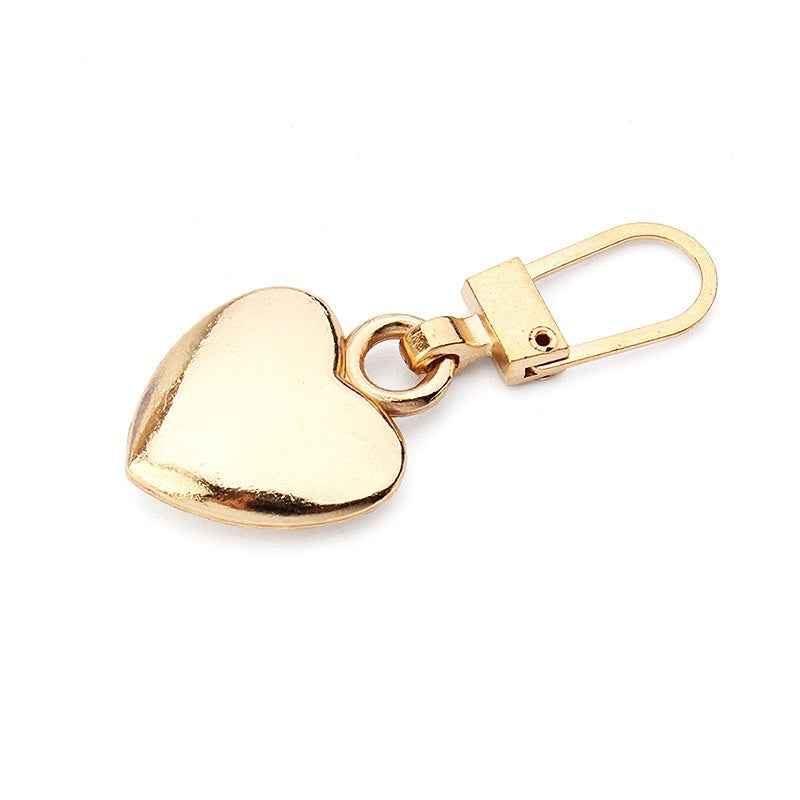 Gold heart zipper pull, detachable metal clip pull tab