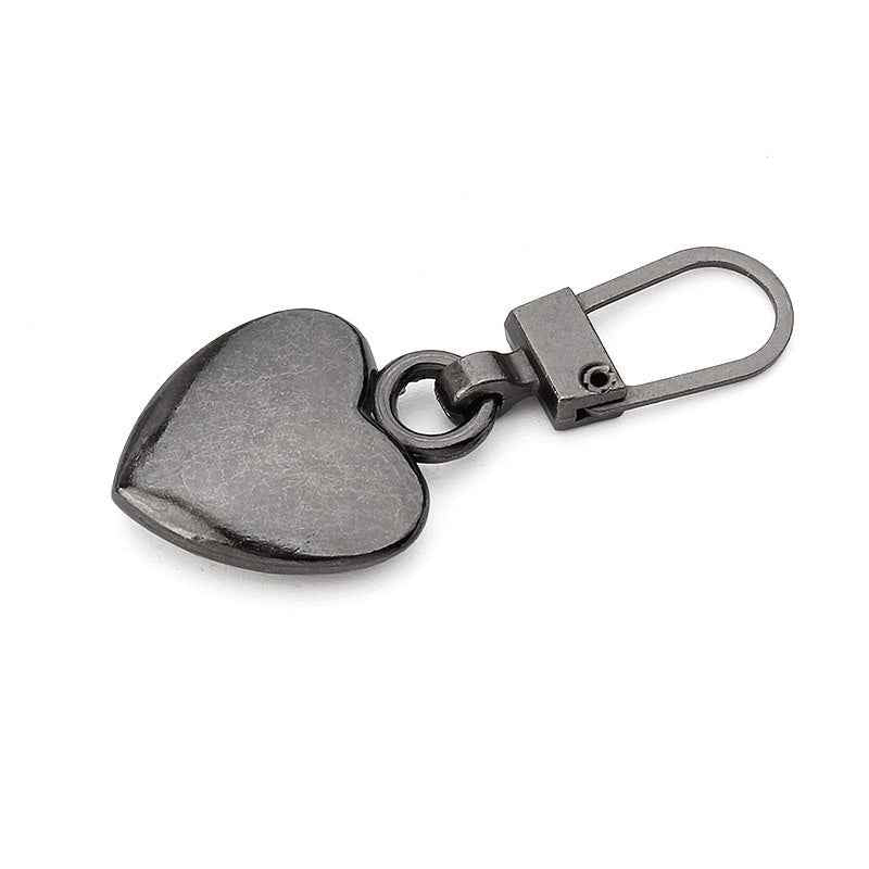 Gunmetal gray heart zipper pull, detachable metal clip pull tab