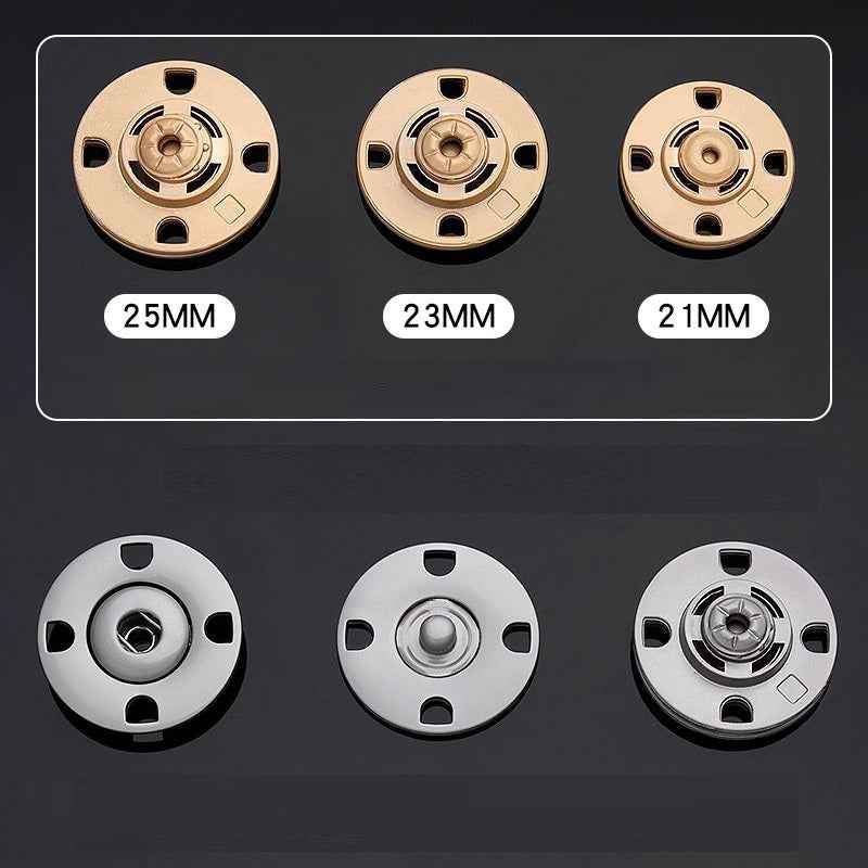 Hidden snap buttons set showing 25mm, 23mm, 21mm metal discs in gold and silver