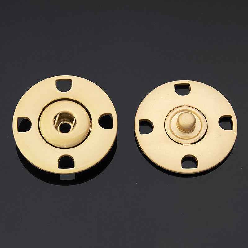 Matte gold metal hidden snap buttons, round discs with 4 notches and concealed snap