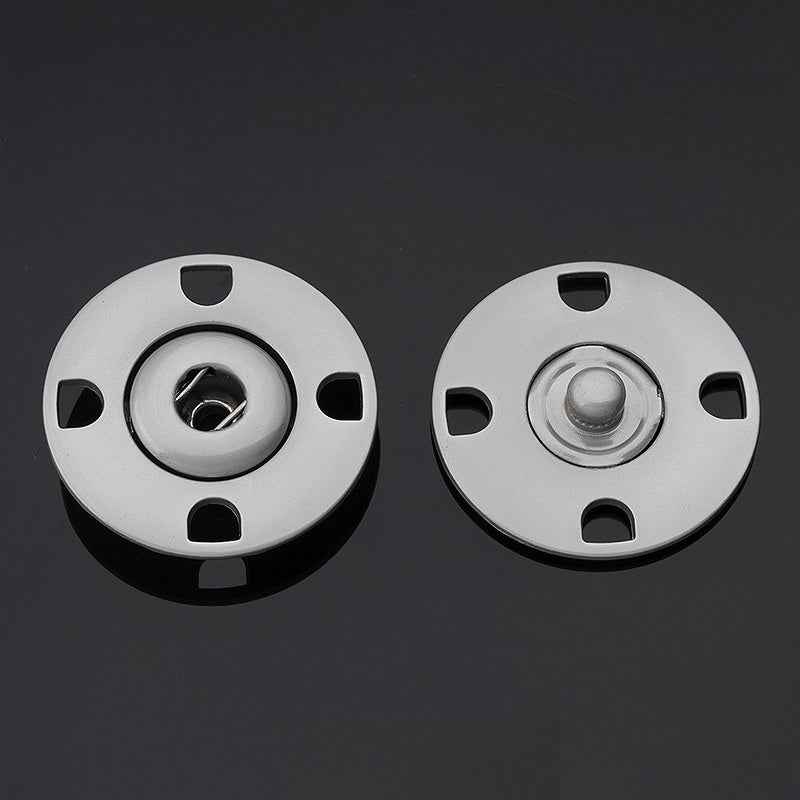 Matte silver metal hidden snap buttons, round discs with 4 notches and concealed snap
