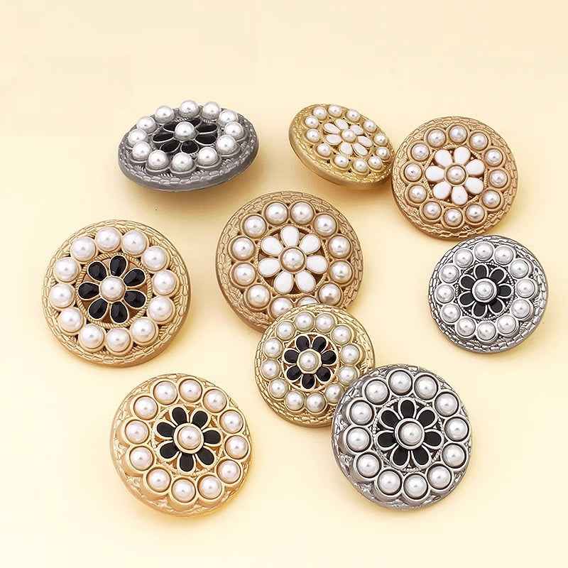 Luxury pearl flower alloy buttons mix: gold-tone and silver-tone with white pearls and black centers