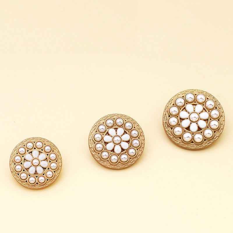 Luxury pearl flower alloy buttons, gold-tone with white pearl accents (set of 3)