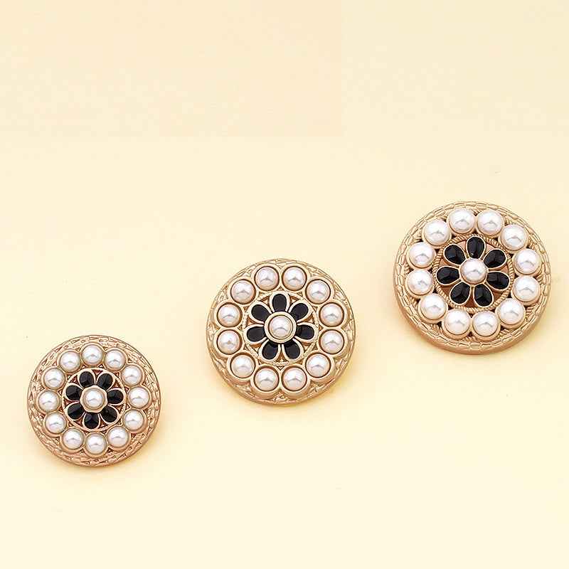 Luxury pearl flower alloy buttons, gold-tone with white pearl accents (set of 3)