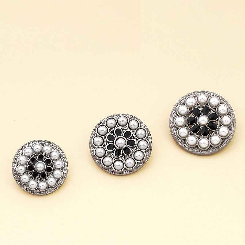 Luxury pearl flower alloy buttons, silver-tone with black center flower and white pearls (set of 3)