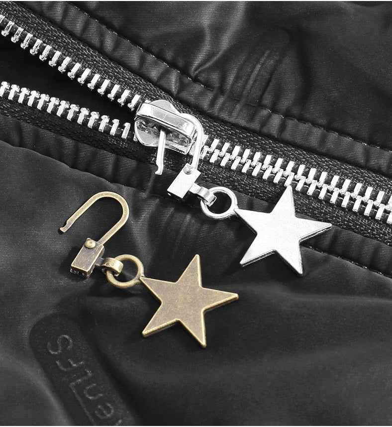 Star charm zipper pulls set: one silver and one gold-tone star with keyring clip