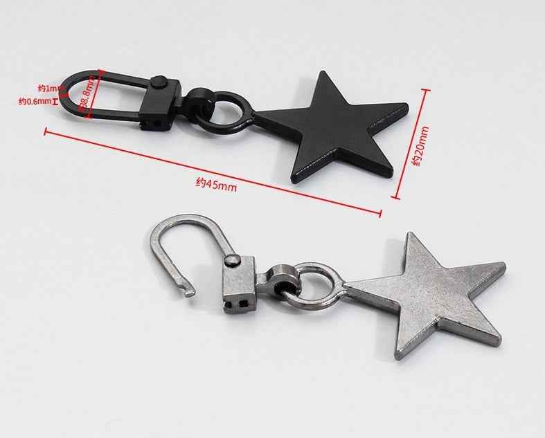45mm x 20mm star-shaped zipper pulls, detachable metal charm with clasp and ring, 2 lengths shown