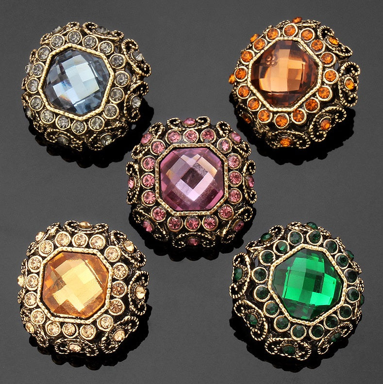 Rhinestone coat shank buttons, gold-tone borders with light blue, orange, pink and green faceted centers