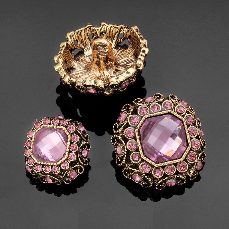 Rhinestone coat shank buttons: pink faceted centers with gold-tone rhinestone edging and shank backs