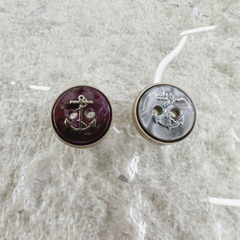 Pair: 12mm Magenta and Grey resin 2-hole anchor buttons, close view