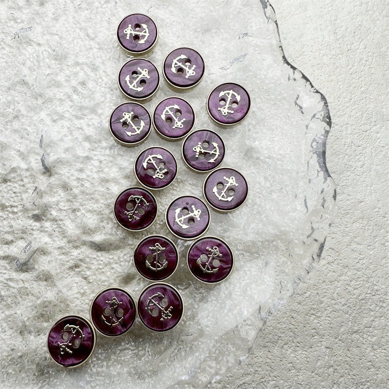 12mm Grey resin 2-hole buttons with anchor design, 20-pack