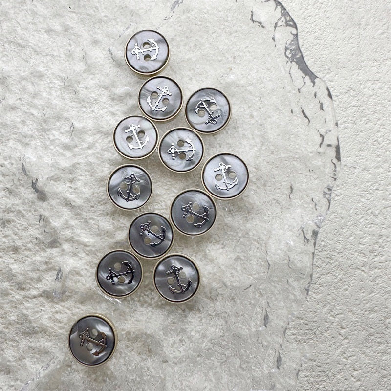 12mm Grey resin 2-hole buttons with anchor design, 20-pack