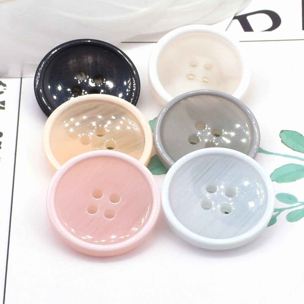 Set of round 4-hole resin coat buttons with pearl-look edges, mixed dark and pastel colors