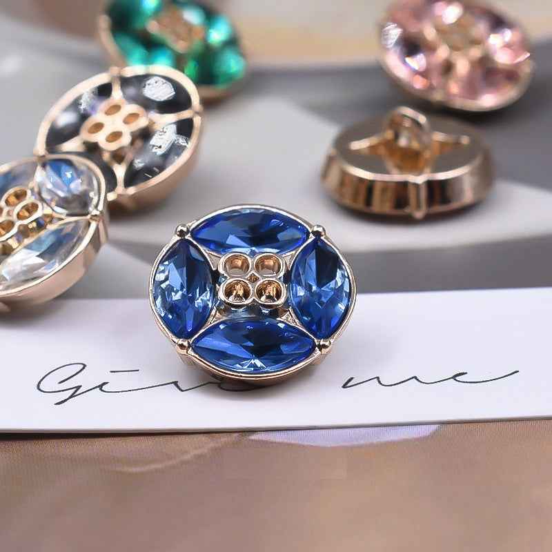 Boutons à tige strass bleus, devant rond avec 4 pierres, lot de 10