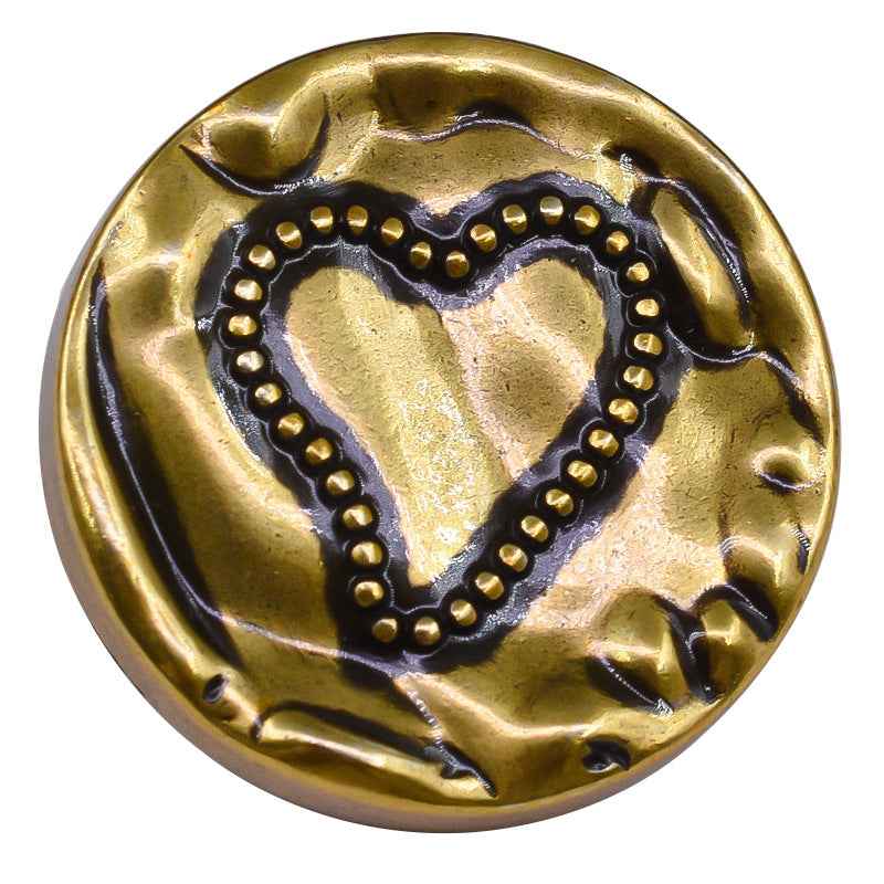 Gold heart metal shank button, vintage style with stitched heart pattern