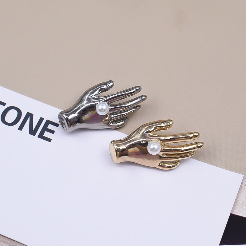 Palm-shaped pearl button: silver metal hand with white pearl bead (20pcs)