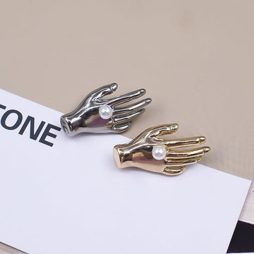 Palm-shaped pearl button: silver metal hand with white pearl bead (20pcs)