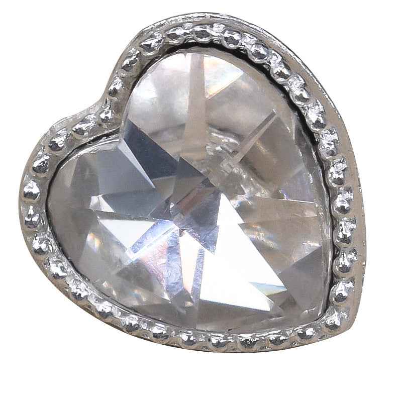 Silver heart crystal metal button with rhinestone rim, front face