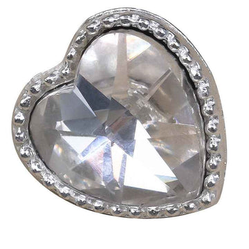 Silver heart crystal metal button with rhinestone rim, front face