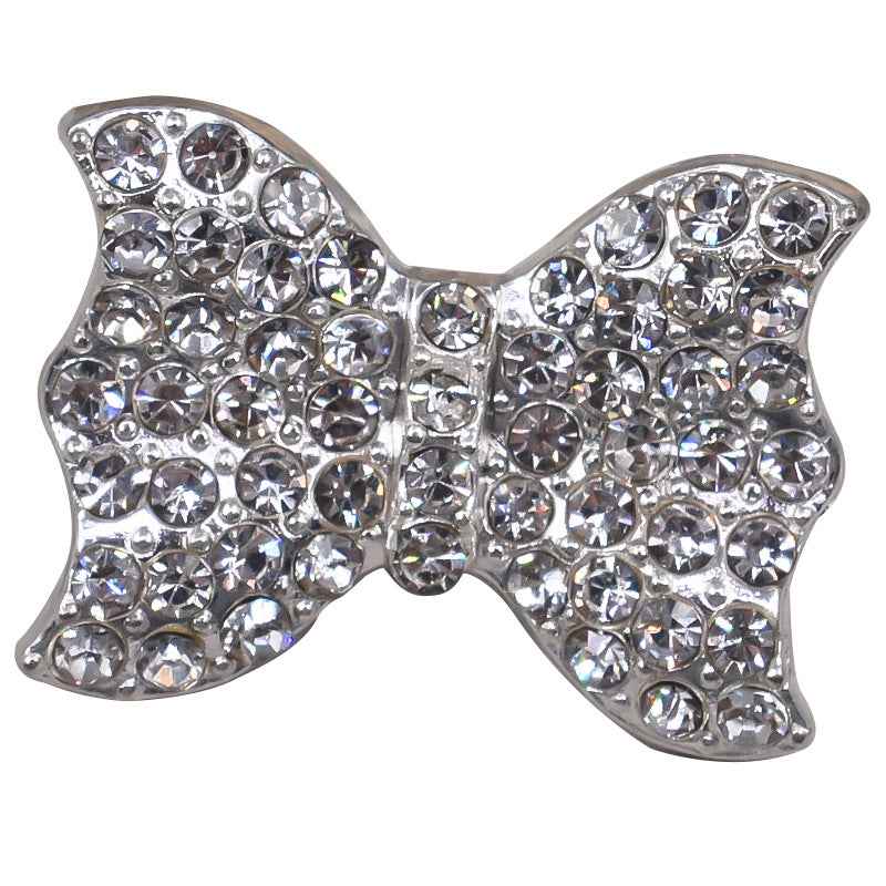 Silver rhinestone bow shank button with crystal-like stones, sparkling front view
