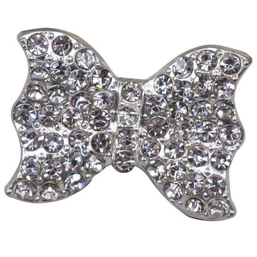 Silver rhinestone bow shank button with crystal-like stones, sparkling front view