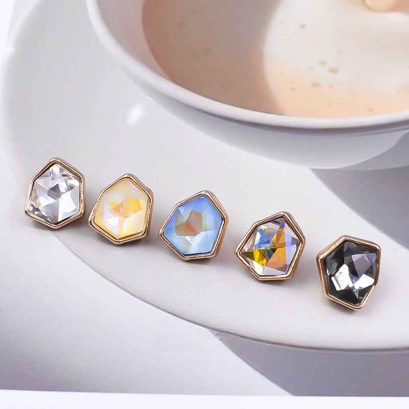 Irregular rhinestone button set: pink and iridescent stones with gold-tone edges