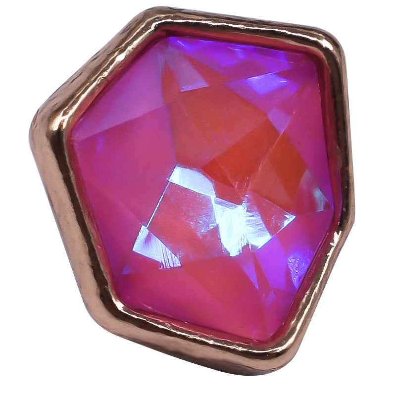 Single irregular rhinestone button with vivid pink faceted stone and gold-tone border