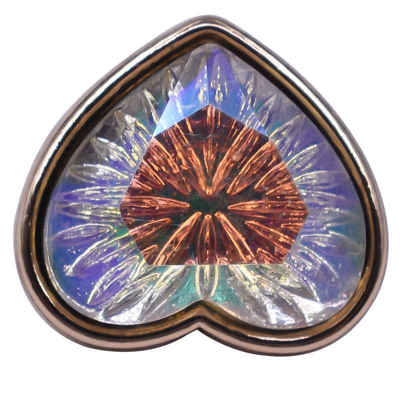 Heart-shaped crystal glass button, iridescent blue-purple with coppery center