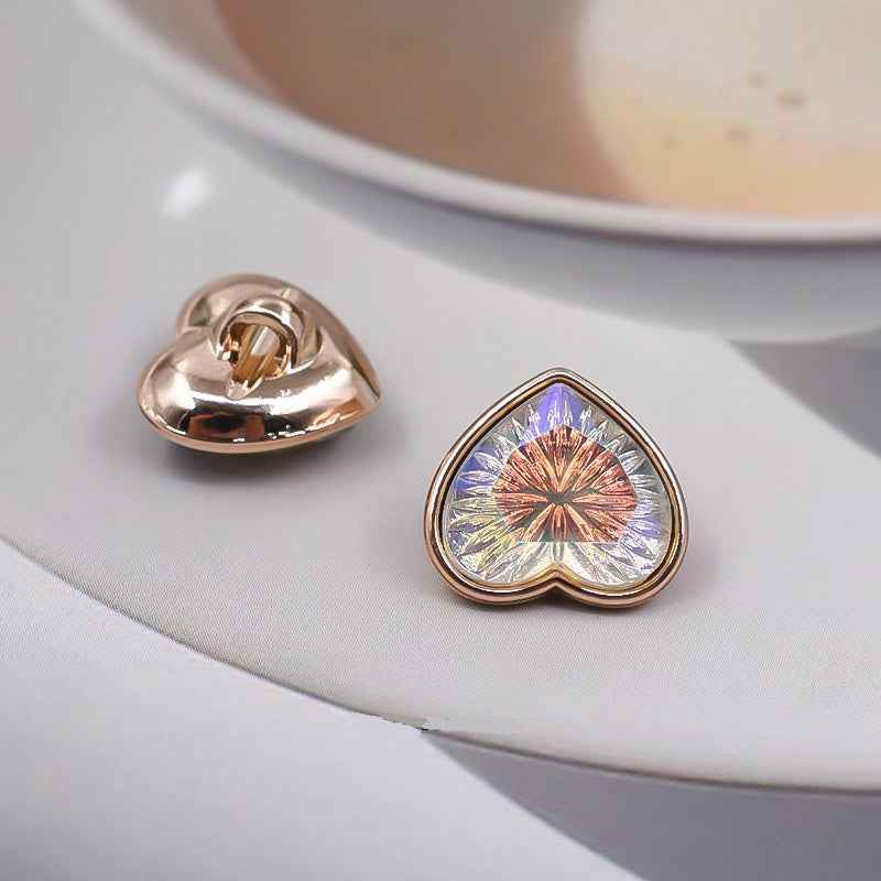 Heart-shaped crystal glass button, iridescent blue-purple with coppery center