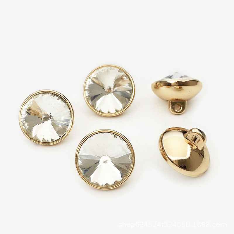 Gold round metal button with clear cone rhinestone, 20-pack