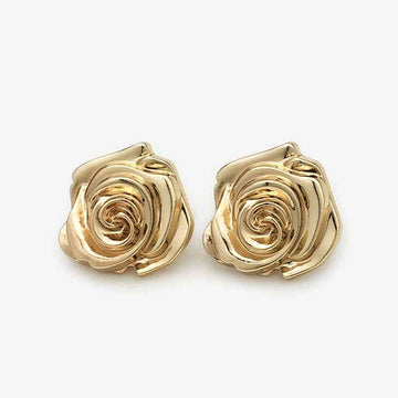 Gold metal 3D rose flower buttons, swirl center, pair close-up