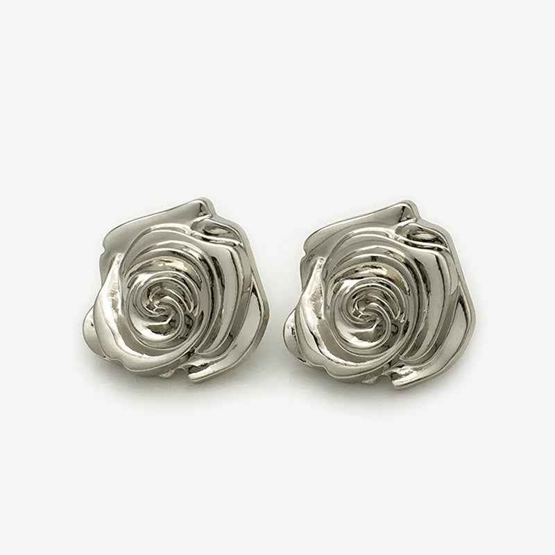 Gold metal 3D rose flower buttons, swirl center, pair close-up