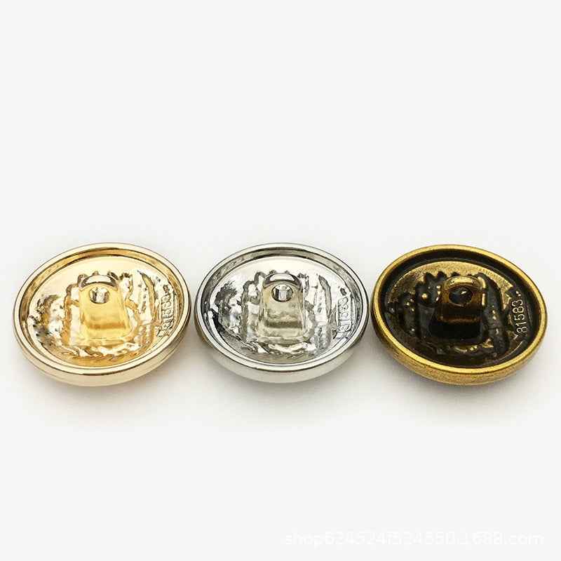 Set of round metal buttons—gold, silver, and bronze backs with metal shanks.