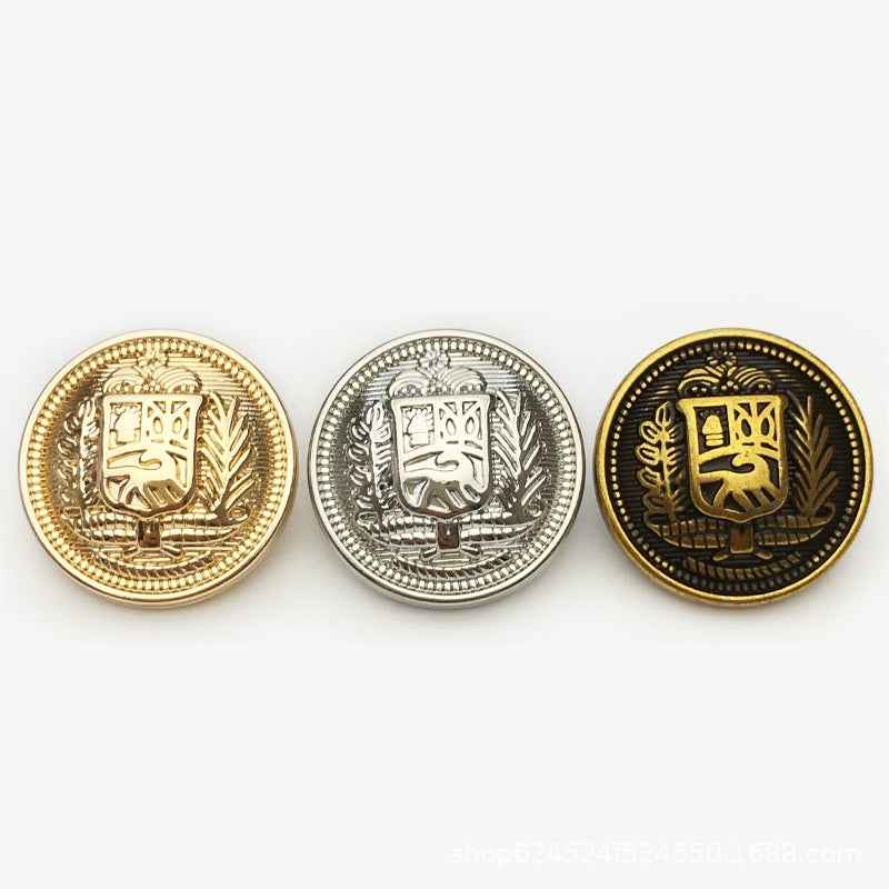 Set of round metal buttons: gold, silver, and bronze knight shield faces.
