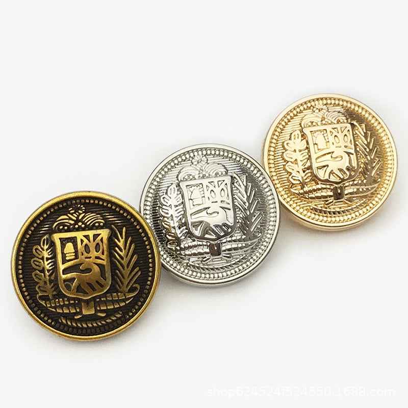Round metal buttons in three finishes: dark bronze, silver, and gold knight shield.
