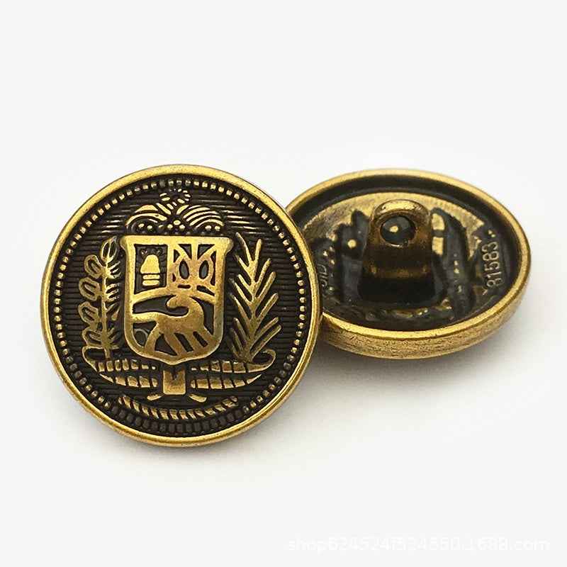 Round metal button, vintage knight shield, bronze front and back view.