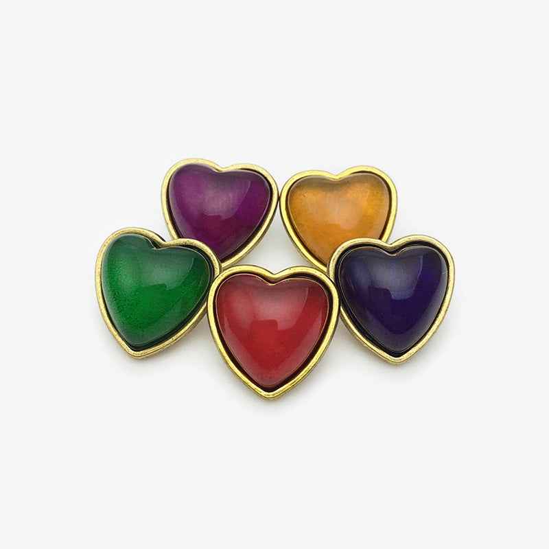 Mixed color heart buttons set, gold-tone edges (red, green, purple, blue, yellow)