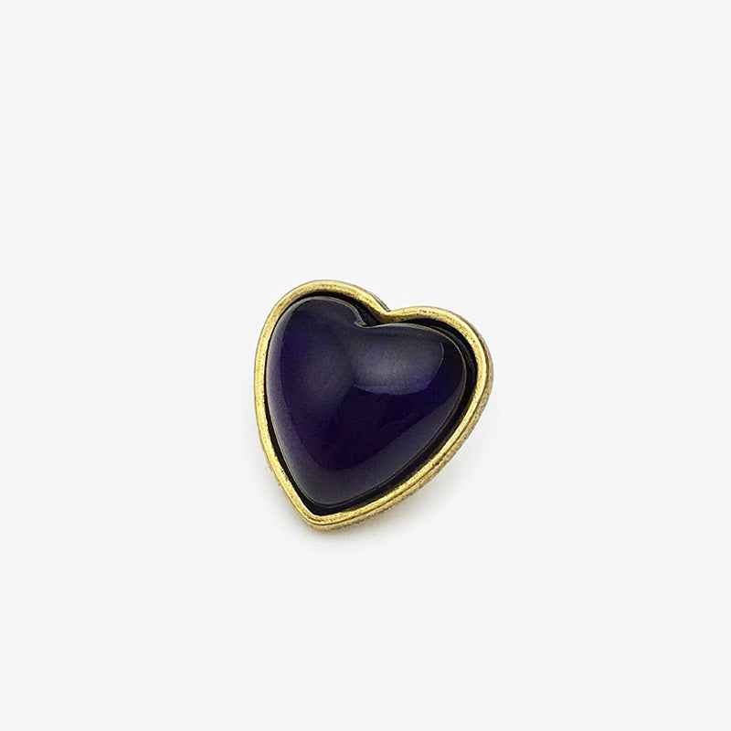 15mm heart buttons, dark blue center with gold-tone border (front view)