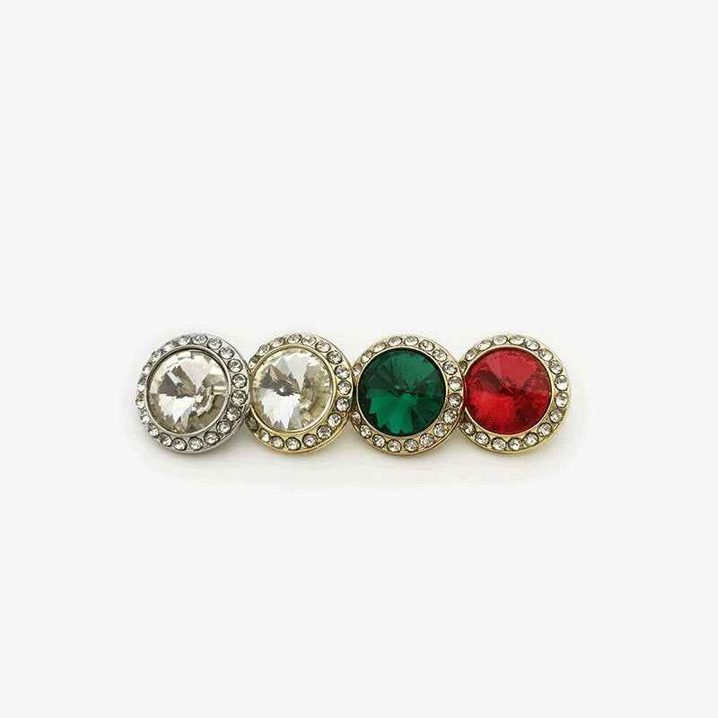 Crystal rhinestone metal shank buttons set: clear, red, green, and white-gold
