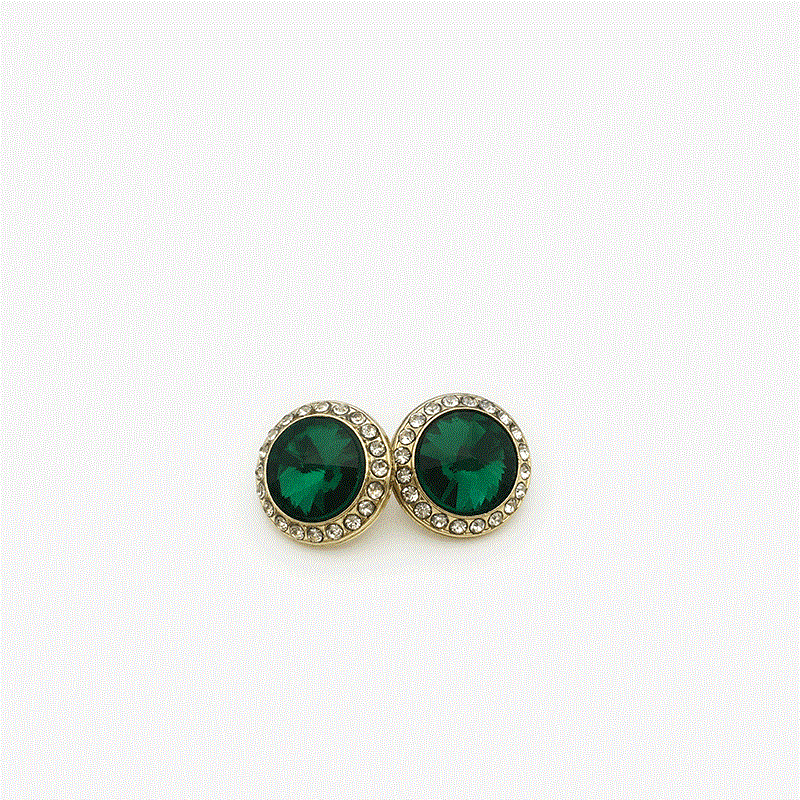 Sparkling crystal rhinestone metal shank buttons, gold tone with green stones
