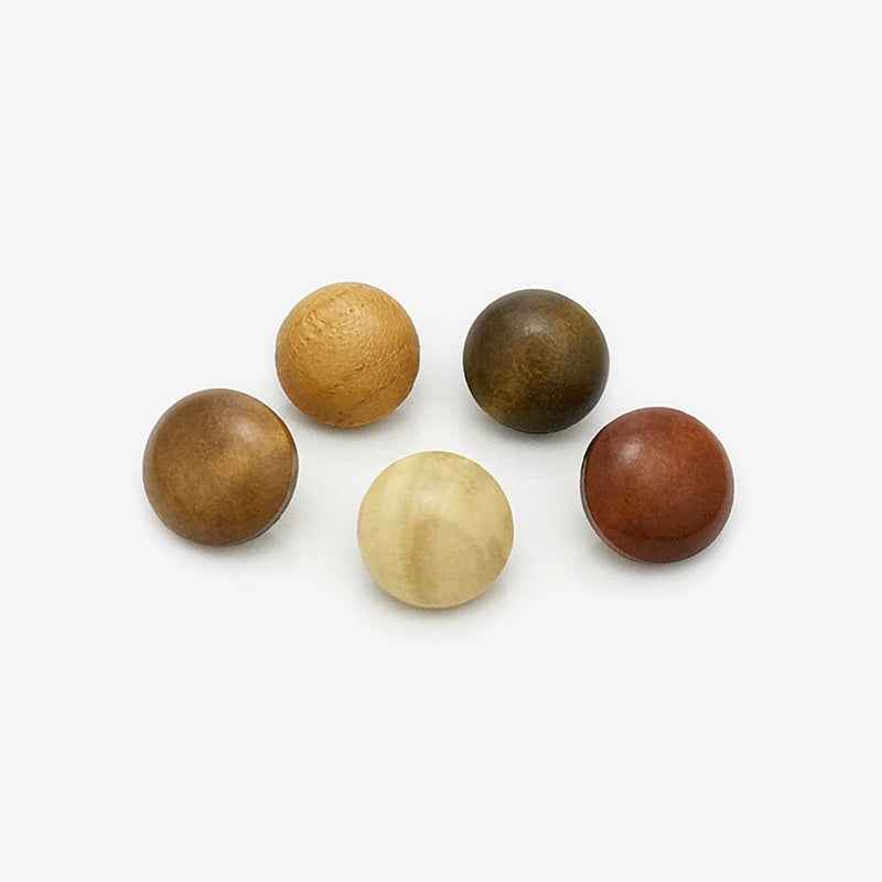 Wooden mushroom round buttons, assorted browns and one cream, round front faces