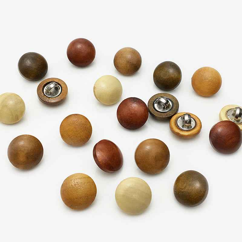 Assorted wooden mushroom round buttons with metal shank bases, mixed colors