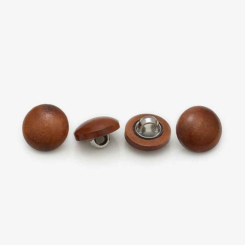Wooden mushroom round buttons, reddish brown, metal shank backs visible
