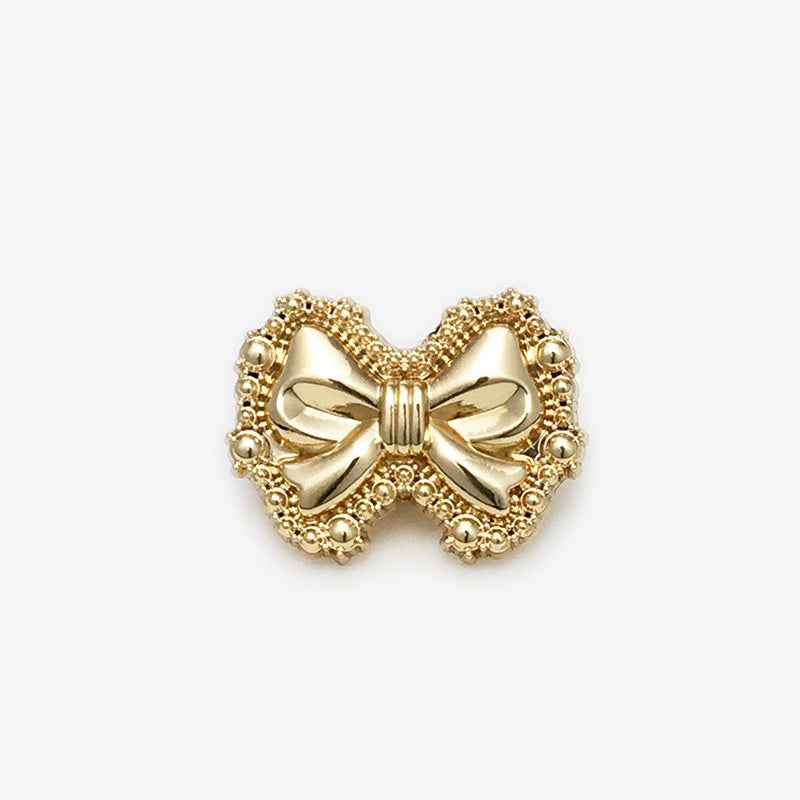 18mm/23mm gold bow metal shank button, bead-edged ribbon